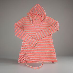 prAna Women’s Lightweight Striped Sun Hoodie Ruched Side Orange & Beige Large